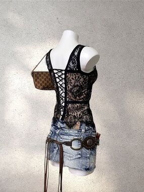 Y2K Bebe Whimsigoth Black Lace Corset Top w/ Nude Lining